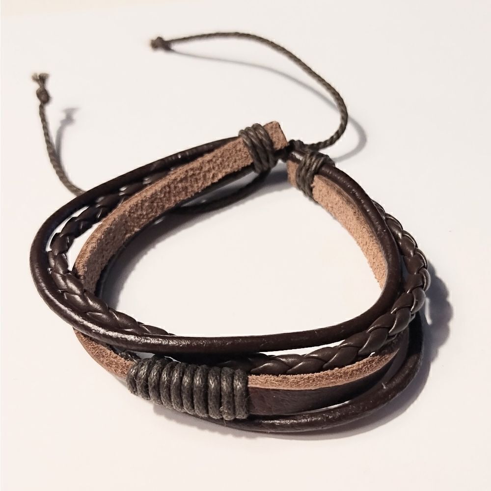Men's bracelet‎ leather braided layered brown new d34